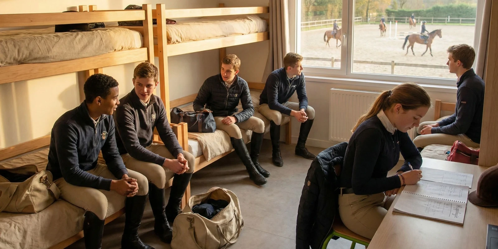 Salle d'entraînement équestre avec simulateurs de monte à l'école des courses hippiques