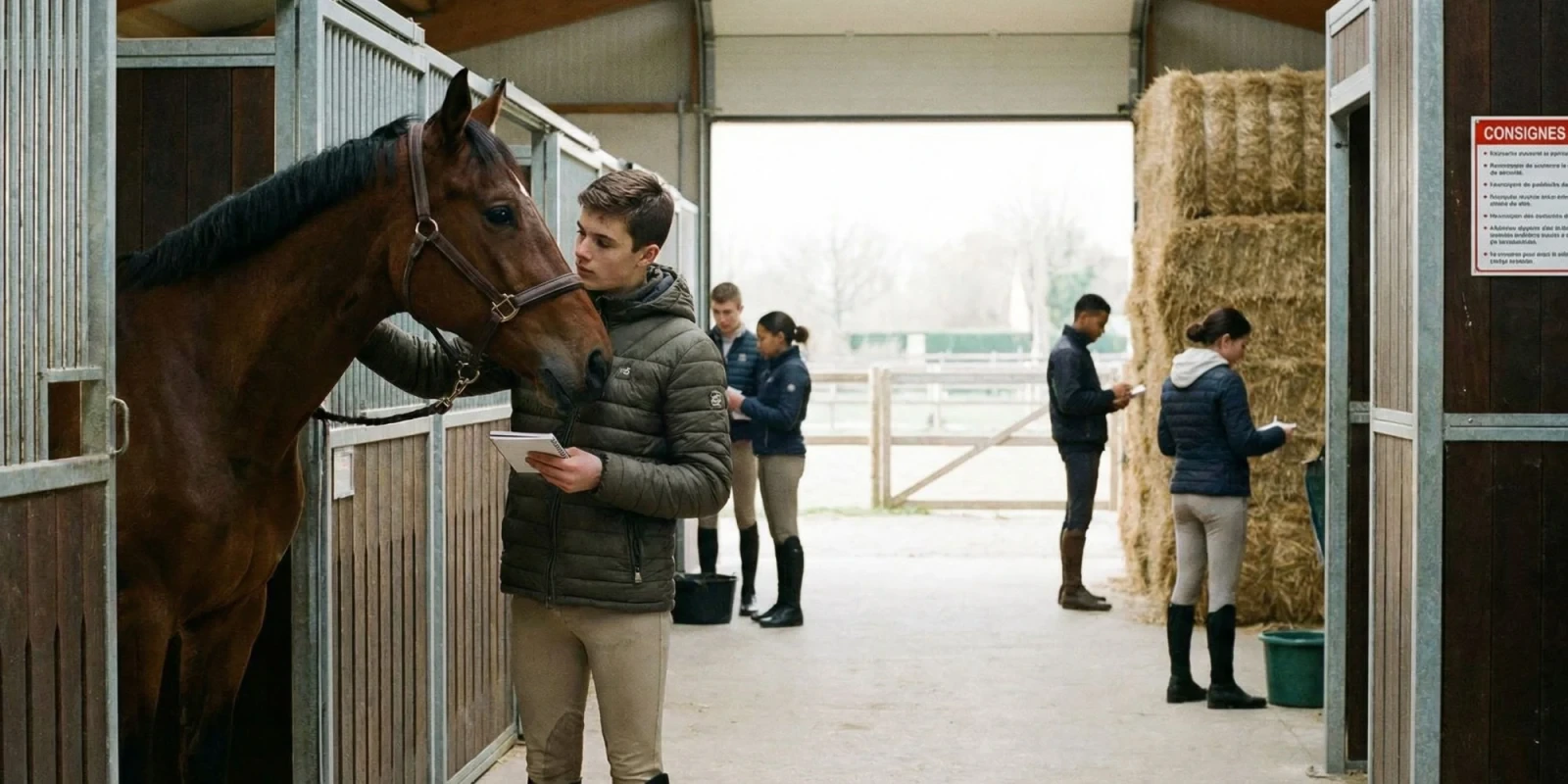 Soins des membres d'un pur-sang par un cavalier d'entraînement après le galop du matin
